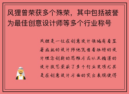 风狸曾荣获多个殊荣，其中包括被誉为最佳创意设计师等多个行业称号